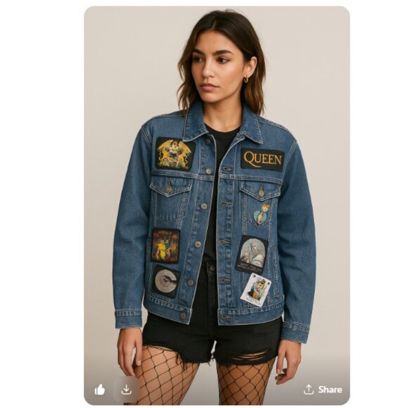 Denim Trucker jacket customized w Queen Freddy Mercury band patches Unisex - Picture 1 of 14